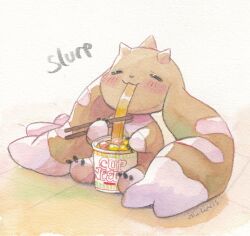 Rule 34 | 1other, chibicheu, chopsticks, closed eyes, digimon, digimon (creature), eating, food, full body, holding, holding chopsticks, lopmon, nissin cup noodle, no humans, noodles, painting (medium), sitting, solo, sound effects, traditional media, watercolor (medium)