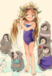 Rule 34 | &gt; &lt;, 1girl, ahoge, animal, bare arms, bare legs, bare shoulders, barefoot, bird, blonde hair, blue eyes, blush, bosako (haguhagu), clothed animal, competition school swimsuit, fingernails, goggles, goggles on head, haguhagu (rinjuu circus), long hair, messy hair, one-piece swimsuit, open mouth, original, parted lips, penguin, purple one-piece swimsuit, school swimsuit, shampoo bottle, simple background, solo, standing, swimsuit, very long hair, wet, wet hair, wringing hair, yellow background