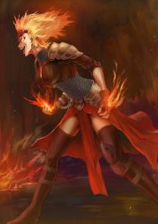 Rule 34 | 1girl, armor, boots, breasts, chainmail, chandra nalaar, denkou denko-chan, denkoudenko-chan, embers, faulds, fiery hair, fingerless gloves, fire, fire, flaming eyes, flaming hand, from side, gloves, goggles, goggles on head, highres, legs apart, loincloth, looking away, magic: the gathering, open mouth, pauldrons, pelvic curtain, red skirt, shoulder armor, showgirl skirt, skirt, sleeves pushed up, smile, solo, pauldrons, standing, teeth, thigh boots, thighhighs, thighs