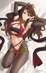 Rule 34 | 1girl, armpits, bare shoulders, black pantyhose, blush, bracelet, breasts, bridal gauntlets, brown hair, circlet, cleavage, criss-cross halter, detached sleeves, dorothea arnault, fire emblem, fire emblem: three houses, fire emblem heroes, green eyes, halterneck, highres, jewelry, large breasts, long hair, looking at viewer, lying, navel, neck ring, nintendo, official alternate costume, on back, pantyhose, parted lips, pelvic curtain, pendant, sash, sendo (sendrawz), solo, thighs