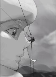 Rule 34 | 1boy, 1girl, bad id, bad twitter id, climbing, cloud, creatures (company), eyelashes, face, from side, fur hat, game freak, giant, giantess, greyscale, hat, hill, malshi edroad, melony (pokemon), monochrome, nintendo, on nose, outdoors, parted lips, pokemon, pokemon swsh, scarf, sky, tearing up
