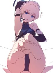 Rule 34 | 1girl, arito arayuru, arm up, ass, barefoot, blonde hair, blue archive, blue eyes, earpiece, elbow gloves, fingerless gloves, foreshortening, gloves, halo, highres, leotard, looking at viewer, maid headdress, open mouth, short hair, sitting, solo, toki (blue archive)
