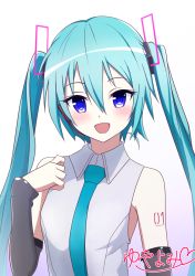 Rule 34 | 1girl, :d, aqua hair, aqua necktie, blue eyes, blush, commentary request, detached sleeves, grey shirt, hair between eyes, hair ornament, hatsune miku, hatsune miku (vocaloid4), long hair, long sleeves, looking at viewer, necktie, open mouth, shirt, simple background, sleeveless, smile, solo, tattoo, twintails, very long hair, vocaloid, watermark, white background, yuyayomi