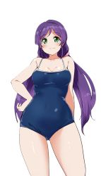 Rule 34 | 1girl, breasts, cleavage, covered navel, green eyes, hand on own hip, highres, kurokawa makoto, large breasts, legs, looking at viewer, love live!, love live! school idol project, low twintails, one-piece swimsuit, purple hair, resized, smile, solo, swimsuit, thighs, third-party edit, tojo nozomi, twintails, upscaled