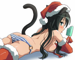 Rule 34 | 1girl, animal ears, aqua eyes, bikini, black hair, blush, breast press, breasts, cat ears, cat tail, christmas, elbow gloves, food, francesca lucchini, gloves, hat, hi-ho-, lying, medium breasts, o-ring, o-ring bikini, on stomach, popsicle, red gloves, santa hat, sideboob, solo, strike witches, striped bikini, striped clothes, swimsuit, tail, tongue, tongue out, world witches series