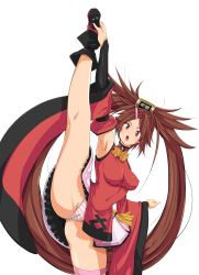 Rule 34 | 1girl, absurdres, armpits, breasts, brown eyes, brown hair, cameltoe, china dress, chinese clothes, covered erect nipples, detached sleeves, dress, guilty gear, hair ornament, hair rings, hairclip, highres, kuradoberi jam, leg up, long hair, medium breasts, musaki (msaki666), open mouth, panties, pantyshot, red dress, simple background, solo, standing, standing on one leg, striped clothes, striped panties, underwear, white background, white panties, wide sleeves