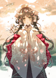 Rule 34 | 1girl, branch, brown eyes, brown hair, cherry blossoms, flower, flower on head, hanamura mai, head tilt, headdress, holding, horns, japanese clothes, kimono, long hair, long sleeves, looking at viewer, open mouth, original, solo, wide sleeves