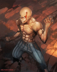 Rule 34 | 1boy, abs, bald, blood, blood on face, clenched hand, copyright name, full body, grin, hand up, highres, looking at viewer, male focus, manly, muscular, muscular male, nipples, one-punch man, orange eyes, outdoors, pants, saitama (one-punch man), satoshi1923, smile, solo, striped clothes, striped pants, topless male, veins