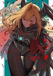 Rule 34 | 1girl, absurdres, armor, backlighting, blonde hair, cape, facial mark, fate/grand order, fate (series), fringe trim, fur trim, gloves, hand on hilt, highres, horns, long hair, looking at viewer, nero claudius (fate), nero claudius (fate) (all), none (kameko227), outstretched arm, pauldrons, petals, queen draco (fate), queen draco (third ascension) (fate), red eyes, shoulder armor, skin tight, smile, solo, thigh gap