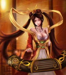Rule 34 | 1girl, adapted costume, alternate costume, alternate hair color, alternate hairstyle, bad id, bad pixiv id, bare shoulders, breasts, cleavage, detached sleeves, earrings, etwahl, guqin sona, hagoromo, hair ornament, instrument, jewelry, league of legends, long hair, luvsyung, necklace, ribbon, sash, shawl, smile, solo, sona (league of legends), tiara, twintails, very long hair