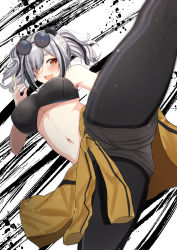 Rule 34 | 1girl, :d, absurdres, agachi (shunya12300724), animal ears, arknights, bare shoulders, bear ears, black hair, blush, breasts, clothes around waist, eyewear on head, feater (arknights), feater (dojo star) (arknights), from below, grey shorts, hair over one eye, highres, jacket, jacket around waist, kicking, large breasts, leg up, leggings, looking at viewer, looking down, multicolored hair, navel, official alternate costume, open mouth, red eyes, short hair, short shorts, short twintails, shorts, silver hair, smile, solo, sports bra, stomach, sunglasses, thighs, twintails, two-tone background, two-tone hair, underboob, yellow jacket
