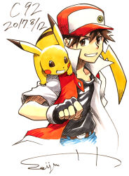Rule 34 | baseball cap, belt, black gloves, black shirt, brown eyes, brown hair, clenched teeth, comiket 92, creatures (company), dated, fingerless gloves, game freak, gen 1 pokemon, gloves, hand up, hat, highres, jacket, looking at viewer, nintendo, on shoulder, open clothes, open jacket, pikachu, pokemon, pokemon (creature), pokemon on shoulder, pokemon rgby, popped collar, red (pokemon), red jacket, seijun, shirt, short sleeves, signature, smile, spiked hair, teeth, upper body, white background
