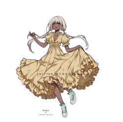 Rule 34 | 1girl, :d, alternate costume, artist name, character name, collarbone, criis-chan, danganronpa (series), danganronpa v3: killing harmony, dress, full body, grey background, grey footwear, grey hair, hand up, long hair, looking at viewer, low twintails, open mouth, puffy short sleeves, puffy sleeves, shoes, short sleeves, simple background, smile, solo, twintails, yellow dress, yonaga angie