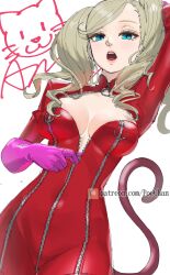 Rule 34 | 1girl, arm up, blonde hair, blue eyes, bodysuit, breasts, cat tail, cleavage, commentary request, fake tail, gloves, highres, large breasts, lips, long hair, long sleeves, looking at viewer, open mouth, patreon username, persona, persona 5, pink gloves, pink lips, poechan chan, red bodysuit, solo, swept bangs, tail, takamaki anne, teeth, twintails, unzipping, upper teeth only, white background, zipper, zipper pull tab