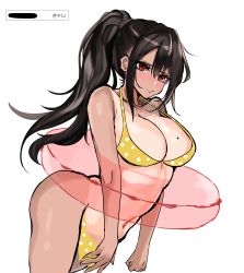 Rule 34 | 1girl, absurdres, bad id, bad pixiv id, bare shoulders, bikini, black hair, blush, breasts, c-ms (flying fish assault) (girls&#039; frontline), c-ms (girls&#039; frontline), closed mouth, collarbone, girls&#039; frontline, hair ornament, hairclip, highres, large breasts, long hair, looking at viewer, loveu, mole, mole on breast, navel, ponytail, red eyes, solo, swimsuit, thighs, white background, yellow bikini