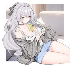 1girl absurdres black_choker blue_shirt breasts bronya_zaychik bronya_zaychik_(silverwing:_n-ex) bubble_tea_challenge camisole cellphone choker cleavage cup disposable_cup drinking drinking_straw error1980 grey_eyes grey_hair grey_jacket hair_between_eyes highres holding holding_phone honkai_(series) honkai_impact_3rd indoors jacket large_breasts long_hair object_on_breast off_shoulder open_clothes open_jacket phone shirt short_shorts shorts sitting smartphone solo thighs white_camisole