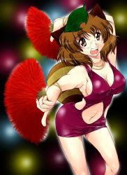 Rule 34 | 1girl, animal ears, bangle, blurry, bokeh, bracelet, breasts, brown eyes, brown hair, cleavage, clothing cutout, contemporary, dancing, depth of field, dress, hand fan, female focus, futatsuiwa mamizou, glasses, jewelry, k.m.station, large breasts, leaf, leaf on head, nail polish, navel, navel cutout, necklace, object on head, raccoon ears, raccoon tail, short hair, sideboob, solo, tail, touhou