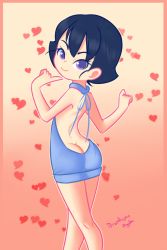 Rule 34 | 1girl, ass, black hair, blue sweater, butt crack, drantyno, from behind, gradient background, heart, index finger raised, looking at viewer, looking back, megu (ryuhi), meme attire, orange background, purple eyes, short hair, smile, standing, sweater, two-tone background, virgin killer sweater, yellow background