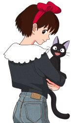 Rule 34 | 1girl, :d, blue pants, book, brown hair, cardigan, casual, character request, check character, check copyright, closed mouth, copyright request, cowboy shot, denim, from behind, hand up, highres, holding, holding book, jeans, jiji (majo no takkyuubin), kiki (majo no takkyuubin), long sleeves, looking at viewer, majo no takkyuubin, mimi wo sumaseba, open mouth, pants, pocket, profile, rikaco1988, shirt, shirt tucked in, short hair, sideways glance, simple background, smile, solo, tsukishima shizuku, unbuttoned, waving, white background, white shirt