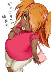 Rule 34 | 1girl, :p, akimichi chouchou, bag, bracelet, candy, capri pants, dark skin, dark-skinned female, food, hair bobbles, hair ornament, hair over one eye, handbag, jewelry, lollipop, long hair, looking at viewer, naruto, naruto (series), orange hair, pants, pinky out, solo, tetta (tetta03), tongue, tongue out, translation request, two side up, white background, yellow eyes