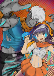 Rule 34 | 1boy, 1girl, absurdres, bandages, belt, blue hair, breasts, brown eyes, claw pose, collar, colored skin, cosplay, frankenstein&#039;s monster, frankenstein&#039;s monster (cosplay), grey hair, grey skin, halloween costume, highres, karian909, lanz (xenoblade), metal collar, midriff, object through head, polka dot, polka dot background, pumpkin, red eyes, scarf, screw in head, sena (xenoblade), shirt, side ponytail, small breasts, torn clothes, torn shirt, xenoblade chronicles (series), xenoblade chronicles 3