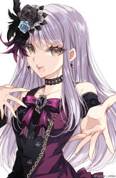 Rule 34 | 1girl, absurdres, bang dream!, black choker, black feathers, black flower, black rose, black sleeves, blue flower, blue rose, brown eyes, choker, detached sleeves, earrings, eyelashes, feather hair ornament, feathers, flower, hair flower, hair ornament, highres, jewelry, long hair, looking at viewer, minato yukina, misteor, music, outstretched hand, purple feathers, rose, roselia (bang dream!), silver hair, simple background, singing, solo, twitter username, upper body, very long hair, white background