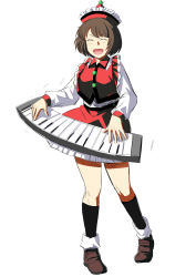 Rule 34 | 1girl, absurdres, brown hair, closed eyes, frilled shirt collar, frilled skirt, frills, full body, hat, highres, instrument, keyboard (instrument), kneehighs, long sleeves, lyrica prismriver, mushroom (osh320), music, open mouth, playing instrument, red skirt, short hair, simple background, skirt, socks, solo, touhou, white background