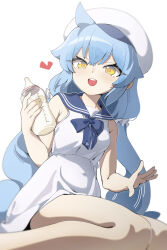 Rule 34 | 1girl, absurdres, baby bottle, blue hair, blush, bottle, dress, hat, heart, highres, holding, lap pillow invitation, long hair, looking at viewer, low twintails, midsummerw, open mouth, original, sailor collar, sailor dress, simple background, sitting, sleeveless, sleeveless dress, solo, teeth, twintails, upper teeth only, very long hair, white background, white dress, white hat, yellow eyes