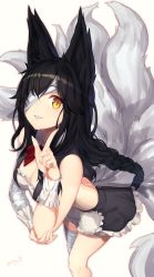 Rule 34 | 1girl, 2016, a.t. zero, absurdres, ahri (league of legends), animal ears, apron, asymmetrical legwear, asymmetrical sleeves, bandaged arm, bandaged head, bandaged leg, bandages, black hair, bow, bowtie, braid, breasts, cleavage, dated, fox ears, fox tail, frilled apron, frilled skirt, frills, highres, league of legends, leaning forward, long hair, looking at viewer, maid, medium breasts, mismatched armwear, mismatched legwear, mismatched sleeves, multiple tails, one eye covered, parted lips, red bow, red bowtie, simple background, skirt, slit pupils, solo, tail, teeth, twitter username, white background, yellow theme