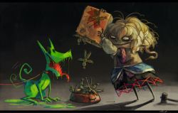 Rule 34 | 1girl, arm warmers, blonde hair, brown shirt, commentary, dog, doll, feeding, hammer, koto inari, leash, letterboxed, messy hair, mizuhashi parsee, nail, pet, pointy ears, shirt, short hair, touhou, voodoo doll