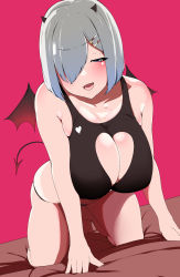 Rule 34 | 1girl, :d, absurdres, all fours, armpit crease, bed sheet, black panties, black tank top, blue eyes, breasts, cleavage, clothing cutout, collarbone, demon horns, demon tail, demon wings, fake horns, fake tail, fake wings, fang, grey hair, hair ornament, hair over one eye, hairclip, half-closed eyes, halloween costume, hamakaze (kancolle), hauto-san, heart cutout, highres, horns, huge breasts, kantai collection, open mouth, panties, pink background, shiny skin, skindentation, smile, solo, string panties, tail, tank top, toes, underwear, wings