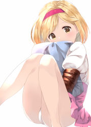 Rule 34 | 1girl, blonde hair, blush, brown eyes, commentary request, detached sleeves, djeeta (granblue fantasy), dress, granblue fantasy, hairband, looking at viewer, nasunoko, hugging object, pillow, pillow hug, pink dress, pink hairband, puffy short sleeves, puffy sleeves, short hair, short sleeves, simple background, solo, white background
