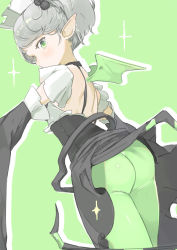 Rule 34 | 1girl, absurdres, black dress, blush, co botan, commentary request, detached sleeves, dress, duel monster, frills, green background, green eyes, green pantyhose, green wings, grey hair, highres, arianna the labrynth servant, maid headdress, outline, pantyhose, pointy ears, short hair, short twintails, simple background, solo, sparkle, twintails, white outline, wide sleeves, wings, yu-gi-oh!