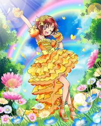 Rule 34 | 1girl, :d, alternate hairstyle, artist request, bare shoulders, cloud, commentary, dress, english commentary, eyelashes, field, flower, flower field, frilled dress, frills, hair flower, hair ornament, hairband, happy, highres, hino akane (smile precure!), looking at viewer, official art, one eye closed, open mouth, orange dress, orange footwear, precure, precure connection puzzlun, rainbow, red eyes, red hair, shoes, short hair, sky, smile, smile precure!, solo, third-party source, wrist cuffs