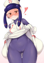 Rule 34 | 1girl, blush, bodysuit, breasts, brown eyes, cameltoe, clothes lift, covered erect nipples, covered navel, dress, dress lift, hat, heart, helmet, highres, lifted by self, looking at viewer, meddy.exe (mega man), medium breasts, mega man (series), mega man battle network, mega man battle network (series), mega man battle network 5, nakareki, no panties, nurse cap, purple bodysuit, skin tight, smile, solo, visor, white dress, wide hips