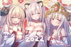 Rule 34 | 3girls, bare shoulders, blush, bra, breast hold, breast suppress, breasts, breasts out, cleavage, collarbone, highres, huge breasts, japanese clothes, kimono, large breasts, long hair, looking at viewer, miko, multiple girls, new year, original, small breasts, underwear, yako