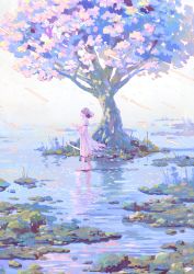 Rule 34 | 1girl, absurdres, barefoot, brown hair, cherry blossoms, commentary, day, dress, from side, hayashi naoyuki, highres, original, pink theme, rain, reflection, reflective water, scenery, short hair, solo, standing, tree, water, waves, wetland, white dress, wide shot