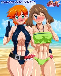 Rule 34 | 2girls, abs, beach, bikini, blue eyes, blush, breasts, brown hair, cleavage, creatures (company), game freak, green eyes, highres, large breasts, legs, may (pokemon), misty (pokemon), multiple girls, nintendo, one-piece swimsuit, orange hair, pk-studios, pokemon, pokemon: the electric tale of pikachu, pokemon (anime), pokemon rs020, pokemon rse (anime), swimsuit, thick thighs, thighs, tomboy, toned, tongue, tongue out, wet