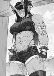 Rule 34 | 1girl, abs, absurdres, black hair, blush, breasts, earrings, fingerless gloves, from below, gloves, greyscale, grin, highres, horns, jewelry, large breasts, looking at viewer, monochrome, muscular, muscular female, navel, oni, oni horns, original, panty straps, pointy ears, short shorts, shorts, smile, solo, speedl00ver, sports bra, teeth