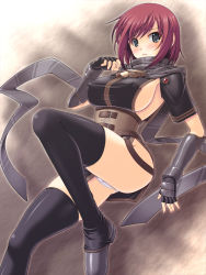 Rule 34 | 1girl, abu, armor, black thighhighs, blue eyes, blush, boots, breasts, covered erect nipples, elbow gloves, fingerless gloves, gloves, large breasts, legs, nel zelpher, ninja, panties, pantyshot, red hair, scarf, sideboob, solo, square enix, star ocean, star ocean till the end of time, thigh boots, thighhighs, underwear, white panties