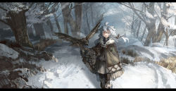 Rule 34 | 1girl, ahoge, animal, bad id, bad pixiv id, bird, boots, forest, fur, highres, letterboxed, looking at viewer, nature, original, poncho, red eyes, scenery, shichigatsu, smile, snow, spread wings, tree, white hair