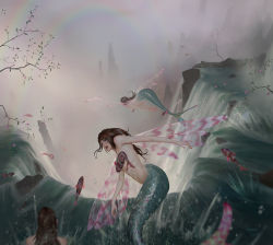 Rule 34 | 3girls, brown hair, censored, convenient censoring, fantasy, fins, fish, fish tail, flower, flying, fog, from above, johannes voss, koi, long hair, looking back, mermaid, monster girl, multiple girls, navel, open mouth, rainbow, scales, tail, tree, water, waterfall, wings