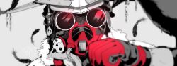 Rule 34 | 1other, ambiguous gender, animal on arm, apex legends, bird, bird on arm, bloodhound (apex legends), clenched hand, crow, gloves, goggles, grey background, helmet, mask, mouth mask, portrait, red gloves, shirasu uni, solo, spot color