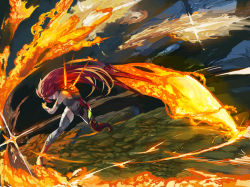 Rule 34 | 1girl, asymmetrical footwear, bare shoulders, black gloves, boots, fire, flaming sword, flaming weapon, full body, gloves, highres, holding, holding sword, holding weapon, honkai (series), honkai impact 3rd, johnny-chan, leotard, long hair, looking at viewer, mismatched footwear, murata himeko, murata himeko (vermillion knight), red hair, solo, sword, thigh boots, thighhighs, weapon, yellow eyes
