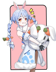 Rule 34 | 1girl, absurdres, animal ear fluff, animal ears, black gloves, black leotard, blue hair, blush, breasts, brown pantyhose, carrot hair ornament, commentary request, detached sleeves, don-chan (usada pekora), feet out of frame, food-themed hair ornament, gloves, grin, hair ornament, highres, holding, hololive, lakudaken, leotard, long hair, looking at viewer, medium breasts, notice lines, pantyhose, playboy bunny, rabbit ears, rabbit tail, smile, solo, standing, strapless, strapless leotard, tail, thick eyebrows, twintails, usada pekora, usada pekora (1st costume), virtual youtuber, white hair, yellow eyes