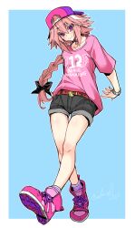 Rule 34 | 1boy, astolfo (candy pink) (fate), astolfo (fate), backwards hat, baseball cap, belt, belt buckle, black bow, black shorts, boots, bow, braid, buckle, collarbone, crescent, crescent belt buckle, crescent necklace, cross-laced footwear, fang, fate/apocrypha, fate/grand order, fate (series), hair between eyes, hair bow, haoro, hat, highres, jewelry, lace-up boots, blue background, light blush, long braid, long hair, male focus, necklace, pink eyes, pink footwear, pink shirt, purple eyes, purple hat, purple socks, red belt, shirt, short shorts, short sleeves, shorts, sidelocks, signature, single braid, skin fang, smile, socks, solo, thighs, trap, very long hair, watch, wristwatch