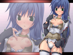 Rule 34 | 1girl, black panties, blue hair, blush, breasts, fingerless gloves, flat chest, gloves, green eyes, koku, maria traydor, nipples, panties, small breasts, solo, star ocean, star ocean till the end of time, thighhighs, underwear, white thighhighs
