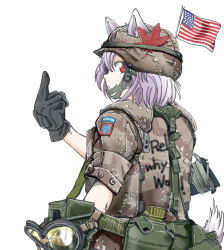 Rule 34 | 1girl, 82nd airborne, american flag, animal ears, black gloves, brown shirt, camouflage, canteen, desert camouflage, fox ears, gloves, goggles, helmet, inubashiri momiji, m16, m16a2, middle finger, military, combat helmet, military uniform, nakamura 3sou, pink hair, red eyes, shirt, short sleeves, smile, solo, touhou, uniform, united states army, white background