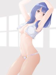 Rule 34 | 1girl, armpits, arms up, blue hair, blurry, blurry background, bow, bow panties, breasts, brown eyes, cleavage, closed mouth, cowboy shot, crop top, frilled panties, frills, from side, highres, long hair, looking at viewer, medium breasts, navel, no bra, no pants, ohjin, open clothes, open shirt, panties, seaside muramoto, shirt, sleeveless, sleeveless shirt, solo, standing, unbuttoned, unbuttoned shirt, underwear, white panties, yu-gi-oh!, yu-gi-oh! tag force