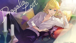 Rule 34 | 1boy, aqua eyes, bishounen, blonde hair, cat, couch, cross hair ornament, dragalia lost, emile (dragalia lost), hair ornament, long hair, long sleeves, looking at viewer, official art, on bed, open mouth, pillow, shirt, white shirt